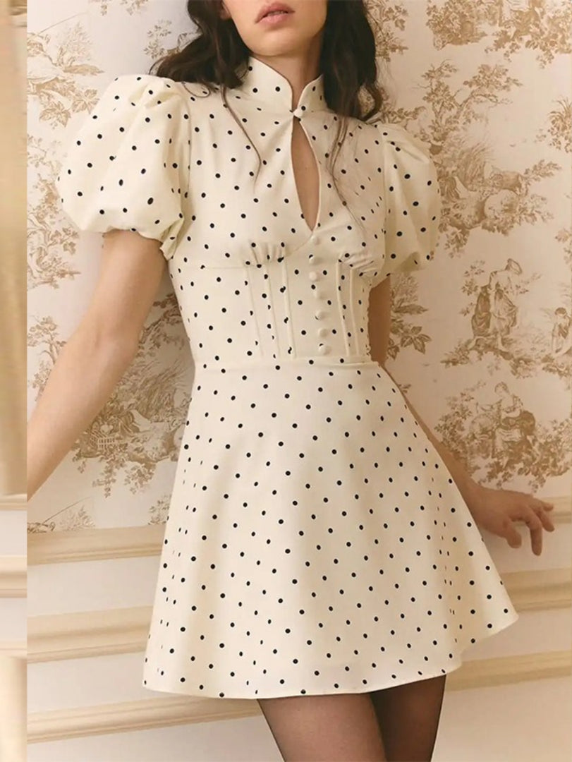 Elegant Polka Dot Puff Sleeve A-Line Dress Women N6E148
