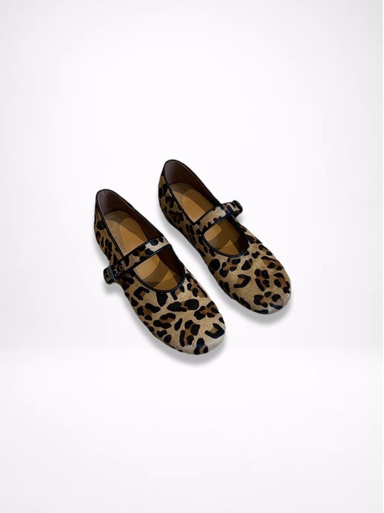 Retro Round Toe Leopard Pony Hair Mary Jane Flats N6C147