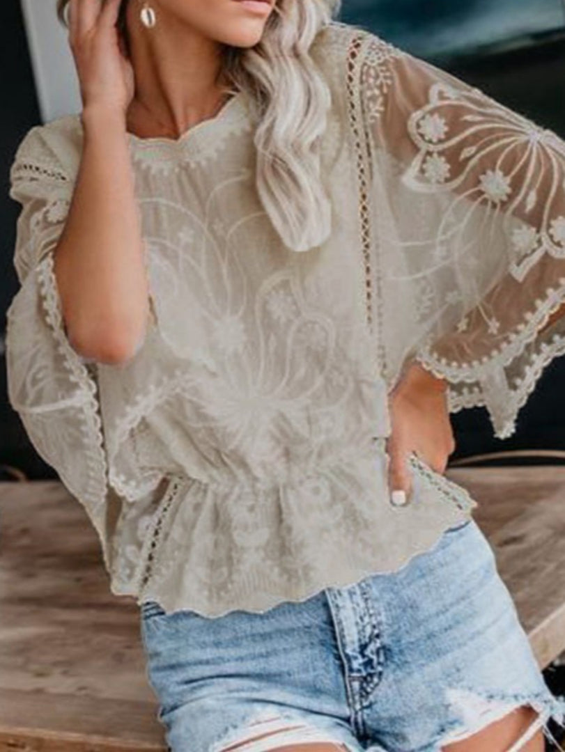 Lace Ruffle Batwing Sleeve Blouse Women Chiffon N6G269