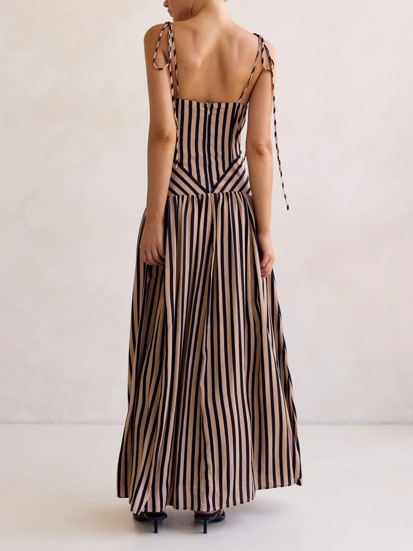Summer Striped Tie-Waist V-Neck Maxi Dress N6F027