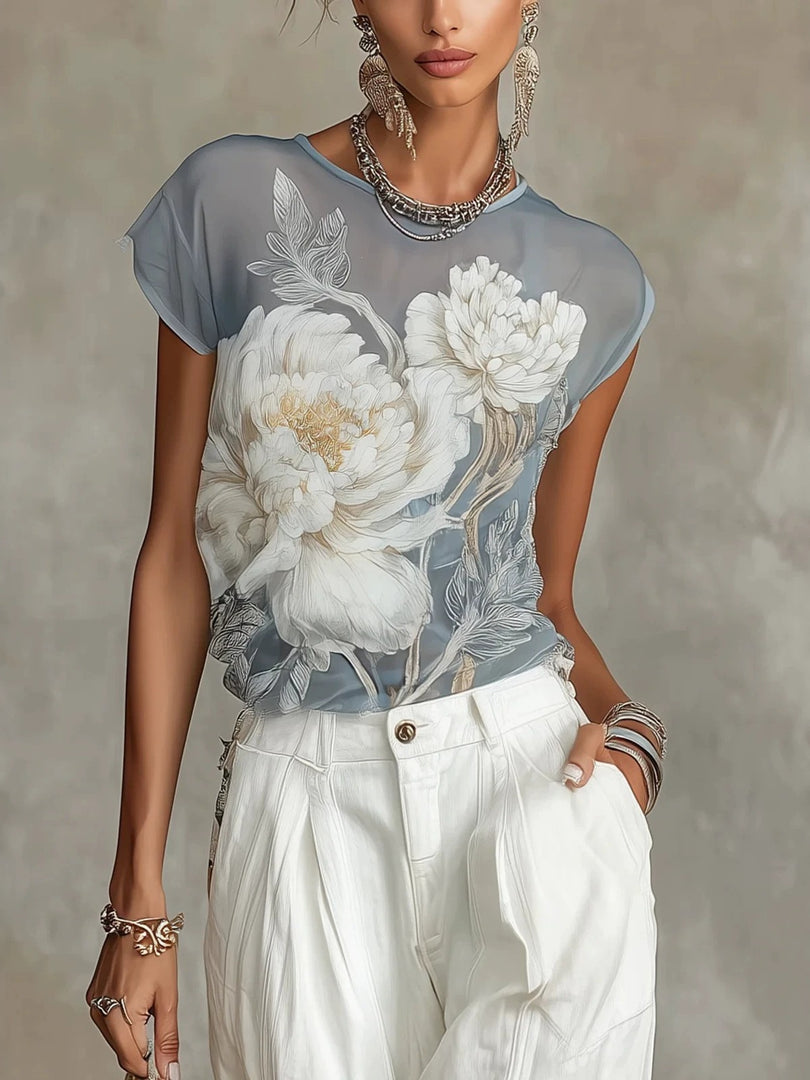 Gray Floral Print Chiffon Short Sleeve T-Shirt Women N6F247