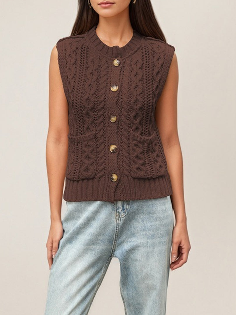 Round Neck Pocket Sleeveless Cardigan Vest Women N6H291