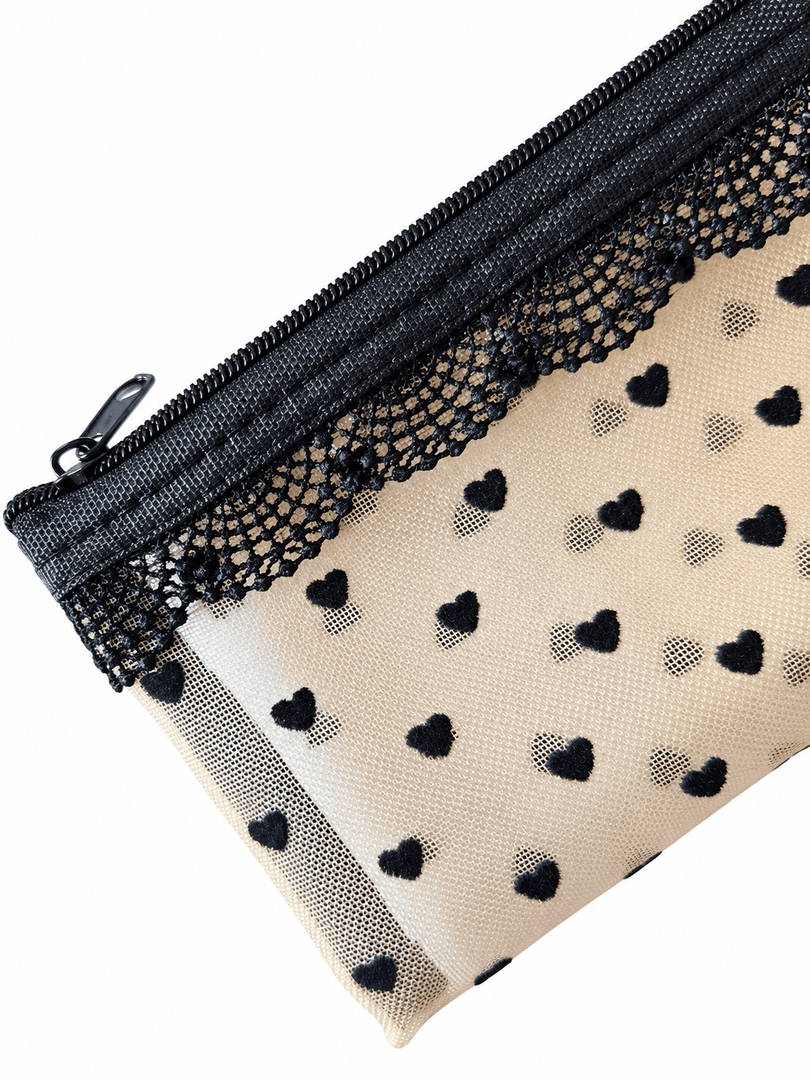 Heart Flocked Nylon Mesh Makeup Brush Pouch N6J260