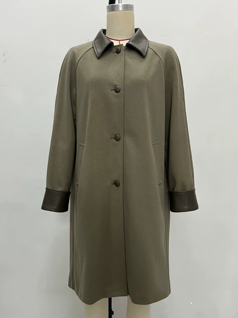 Elegant Contrast Trim Notch Lapel Medium Coat Women N6H041