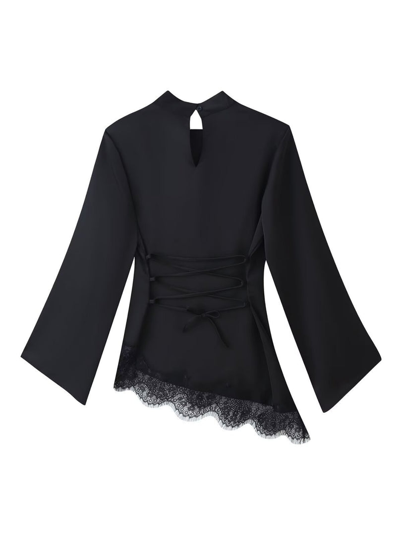 Satin Lace Back Tie Blouse Women N6D050