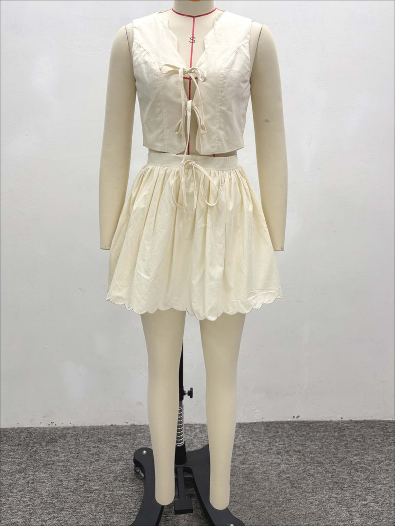 Vest and High Waist Skirt Set Women Beige N6D071