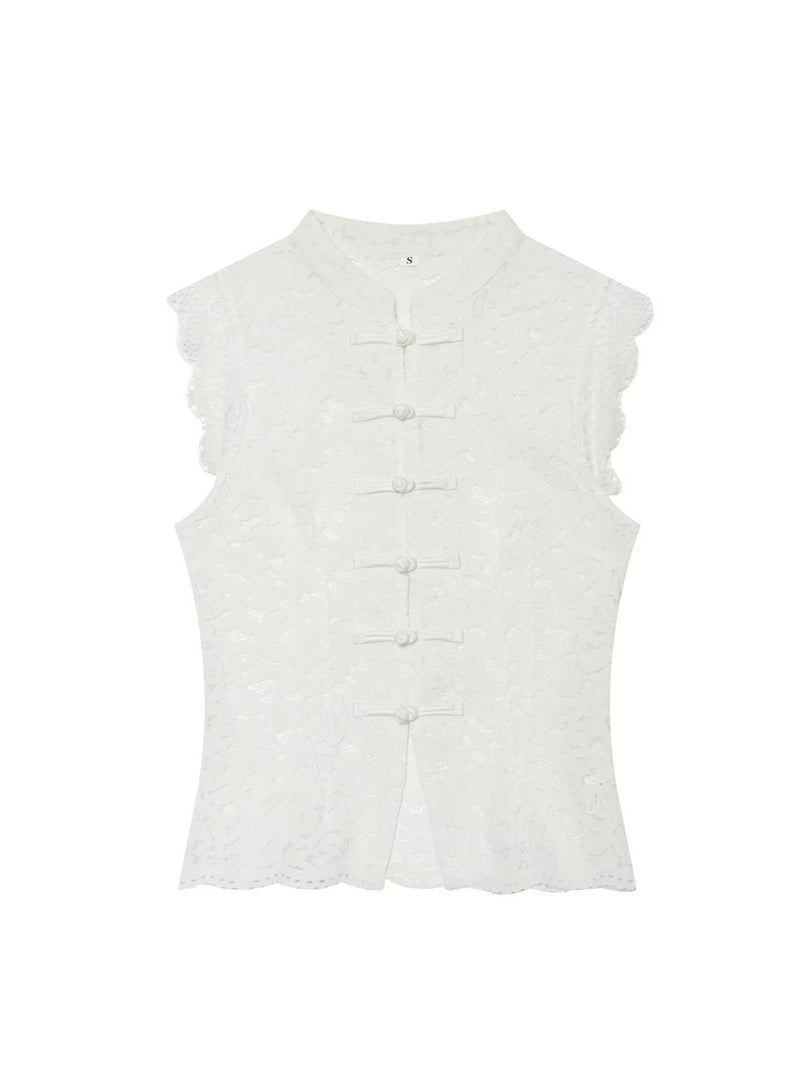 Lace Cutout Chinese Knot Round Neck Sleeveless Top N6F204