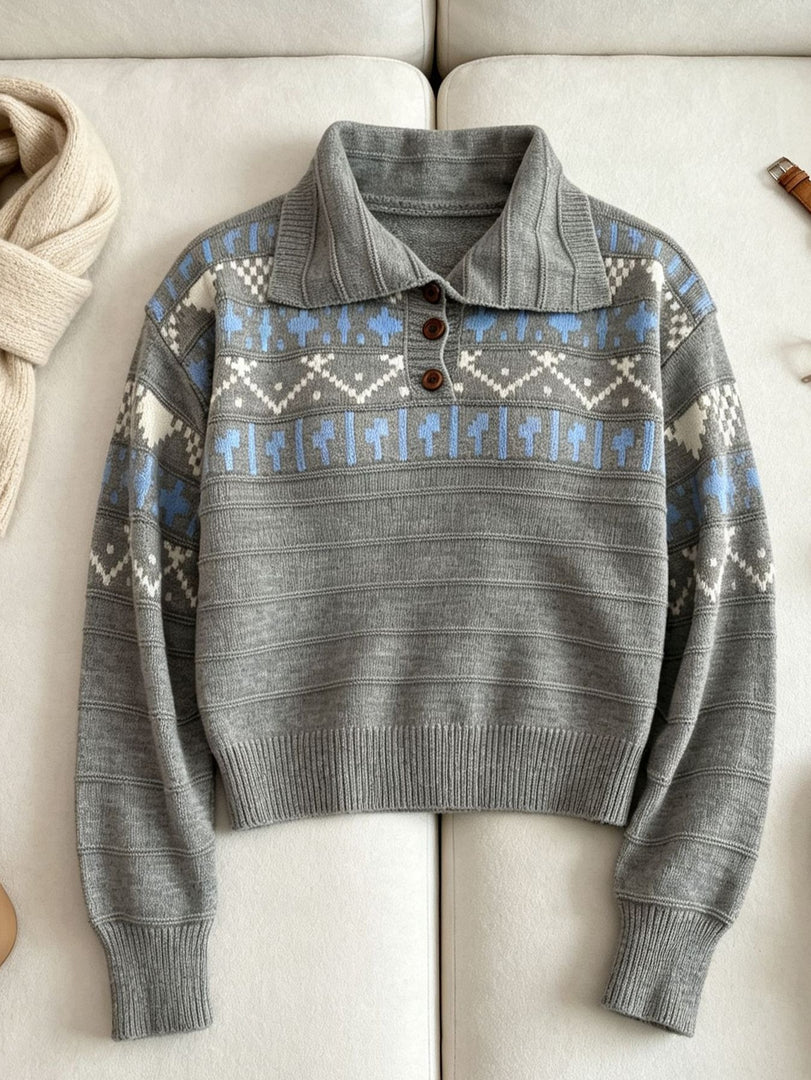 Fair Isle Polo Half Zip Knit Sweater Women Commuter N6H283