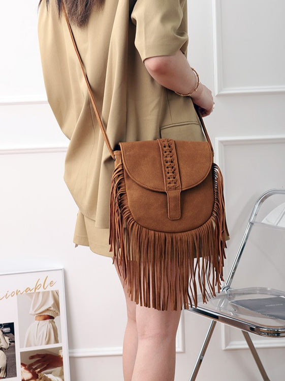 Woven Dome Soft Leather Fringe Crossbody Bag N6C224