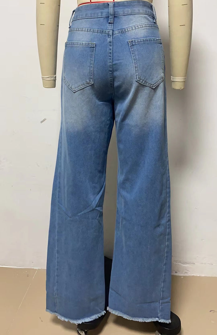Loose Wide Leg Side Panel Raw Hem Jeans Women N6D154