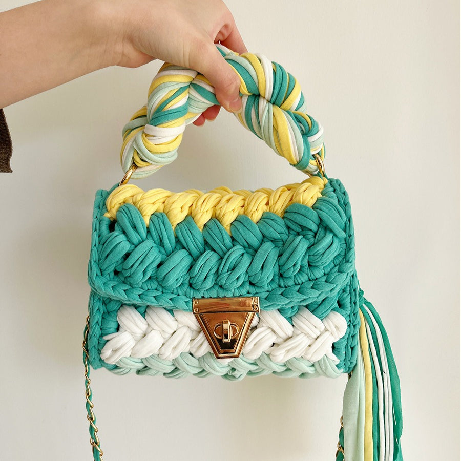 Handwoven Crochet Colorblock Shoulder Bag Tassel N6F094