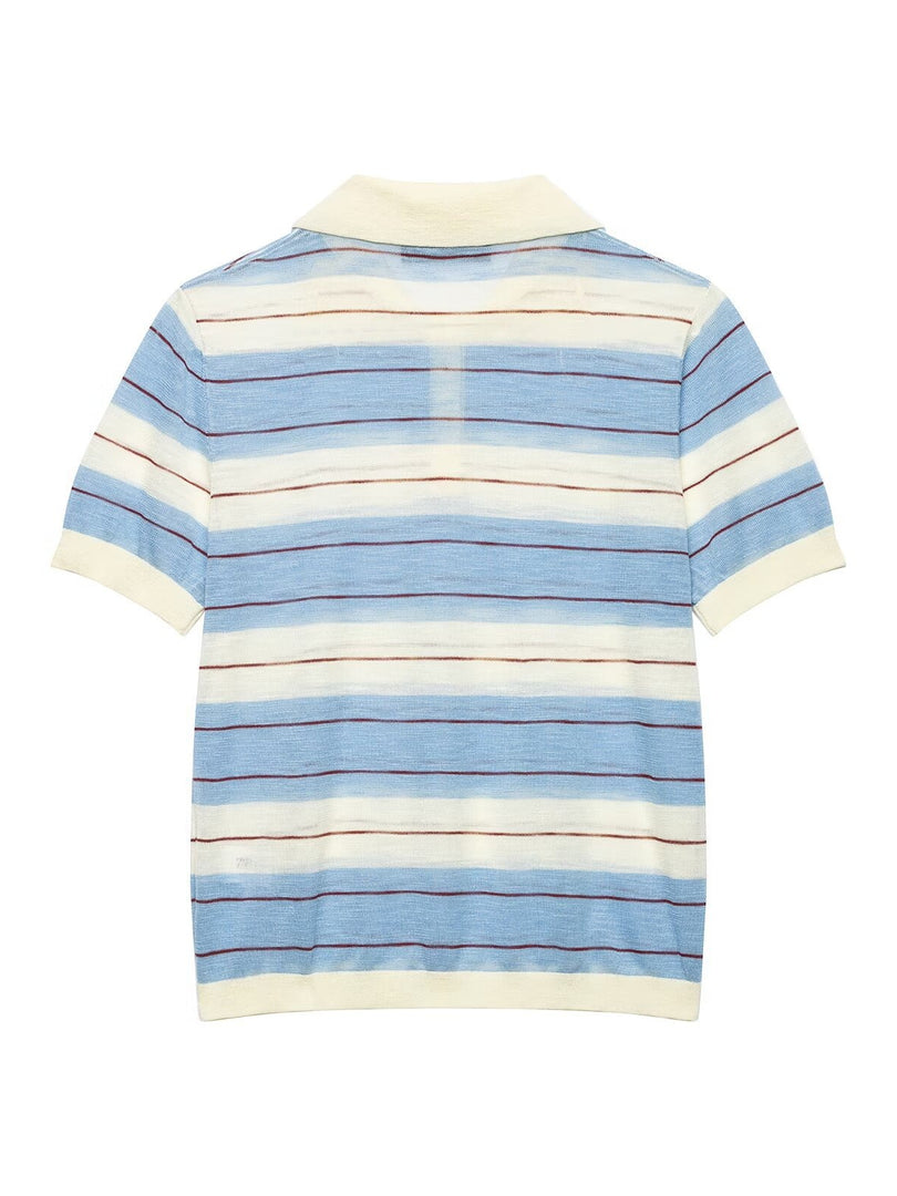 Simple Striped Knit Polo Shirt Short Sleeve Women N6G160