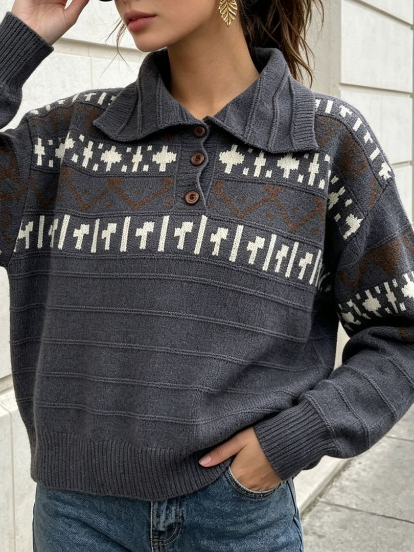 Fair Isle Polo Half Zip Knit Sweater Women Commuter N6H283