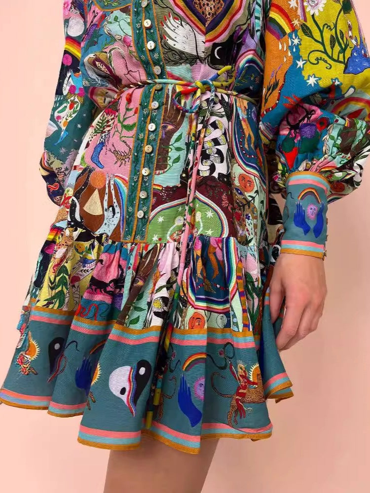 Printed Tie-Waist Linen Blend Pleated Midi Dress N6D068
