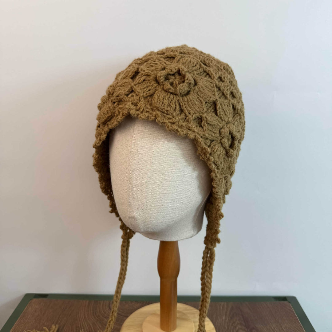 Handwoven Double Layer Flower Tassel Knit Beanie  N6H229