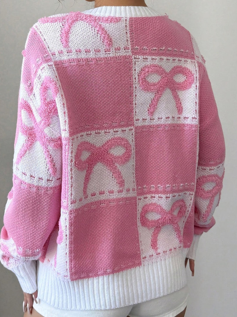 Sweet Bow Detail Pink Acrylic Knit Sweater Loose Fit N6G129