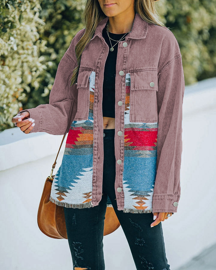Denim Wool Blend Jacket Women Vintage Distressed Hem N5A114