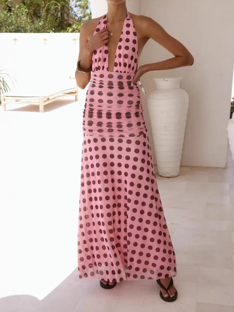 Polka Dot Mesh Halter Dress V Neck Open Back Tie Waist N6F029