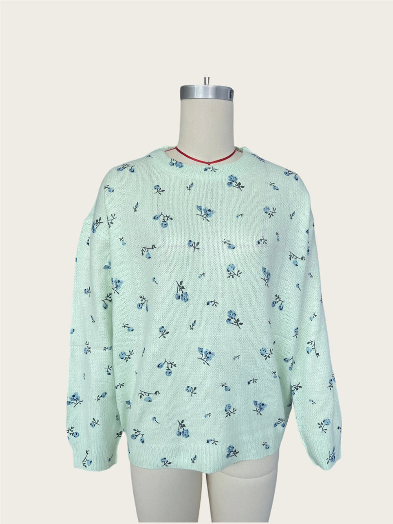 Floral Print Knit Pullover Round Neck Long Sleeve N6G145