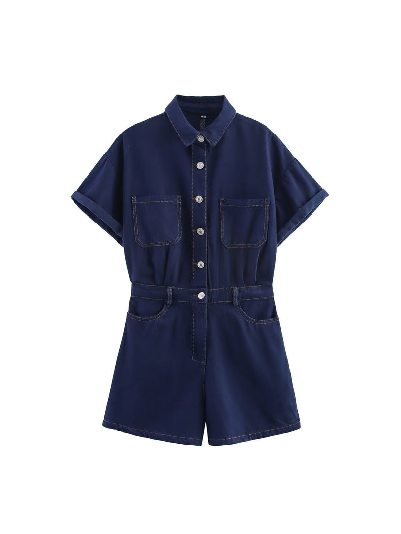 Pocket Detail Denim Short Jumpsuit Women Casual N6F213