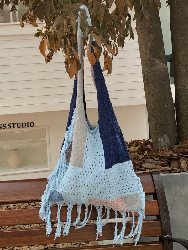 Crochet Fringe Color Block Tote Bag Women N6C046