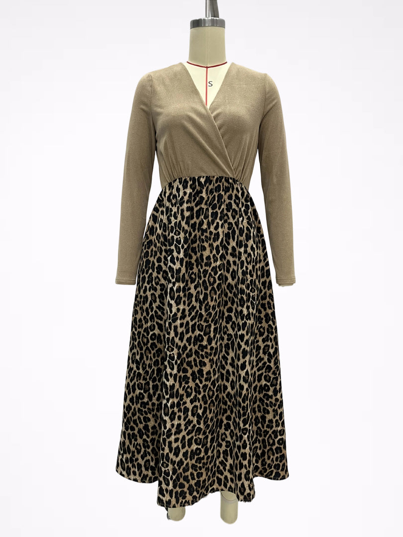 Cross V-Neck Draped Leopard Print Long Sleeve Dress N6G293