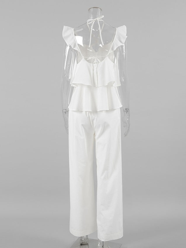 White Linen Flutter Sleeve Top and Wide Leg Pants Set N6D111