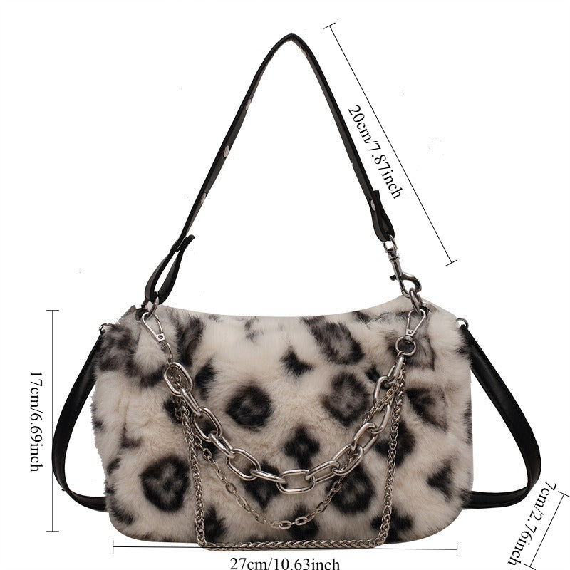 Women's Plush Leopard Chain Baguette Shoulder Bag N6J188