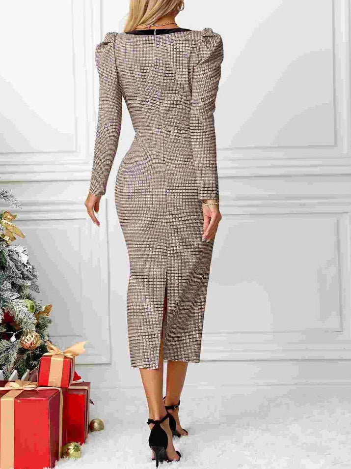 Plaid Belted Bodycon Knit Dress Women N5A081