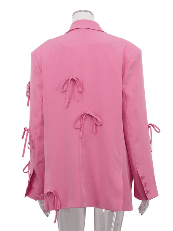 Bow Detail Pink Loose Blazer Women N6C193