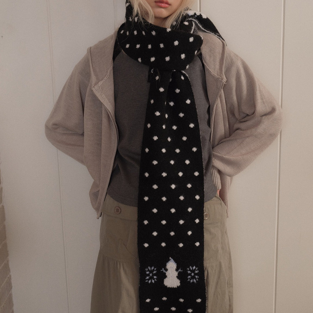 Womens Wool Blend Snowman Polka Dot Jacquard Knit Scarf N6K242