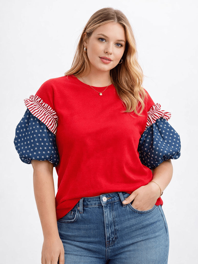 Color Block Puff Sleeve Oversize T-shirt Women N6C334