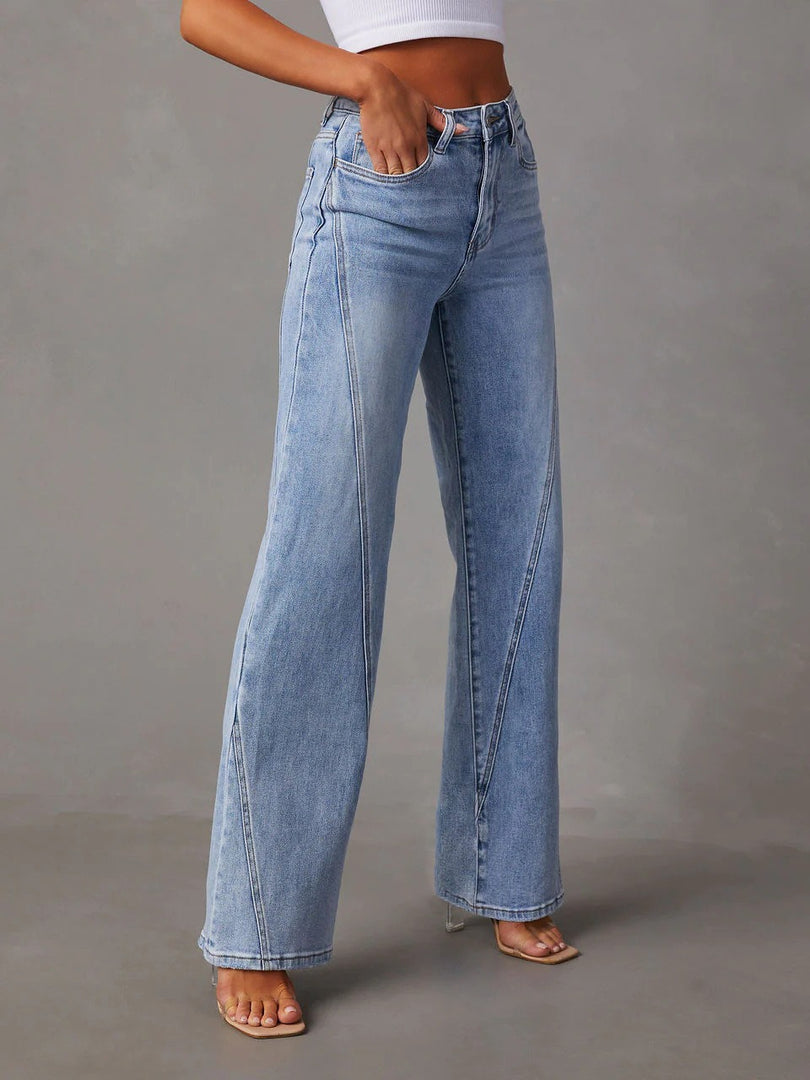 Patchwork Wide Leg Flare Jeans Women Blue N6D155