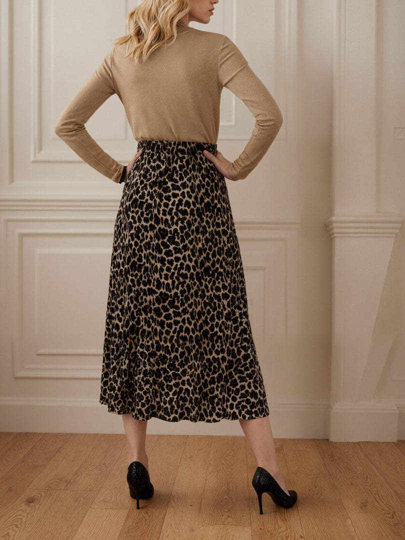 Cross V-Neck Draped Leopard Print Long Sleeve Dress N6G293