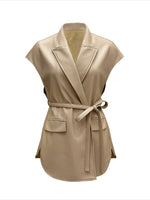 Load image into Gallery viewer, Sleeveless PU Vest Notch Lapel Belted Women N6G173