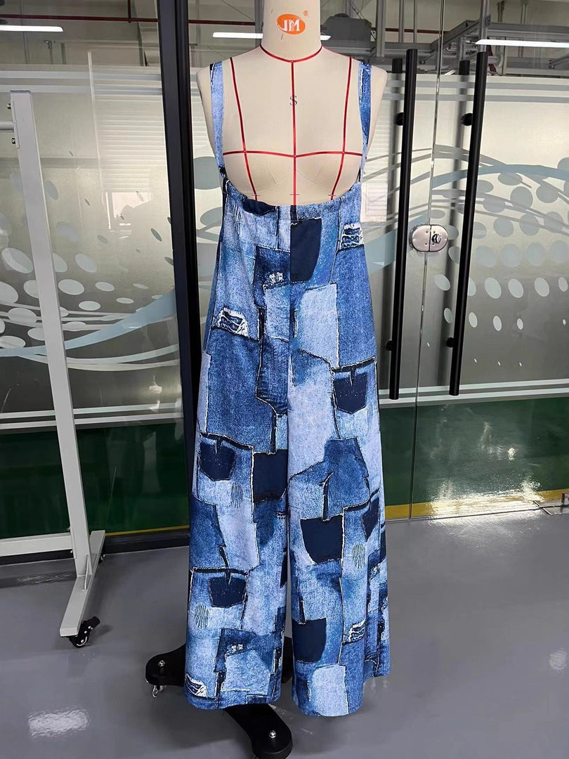 Irregular Patchwork Print Wide Leg Jumpsuit Women N6D096