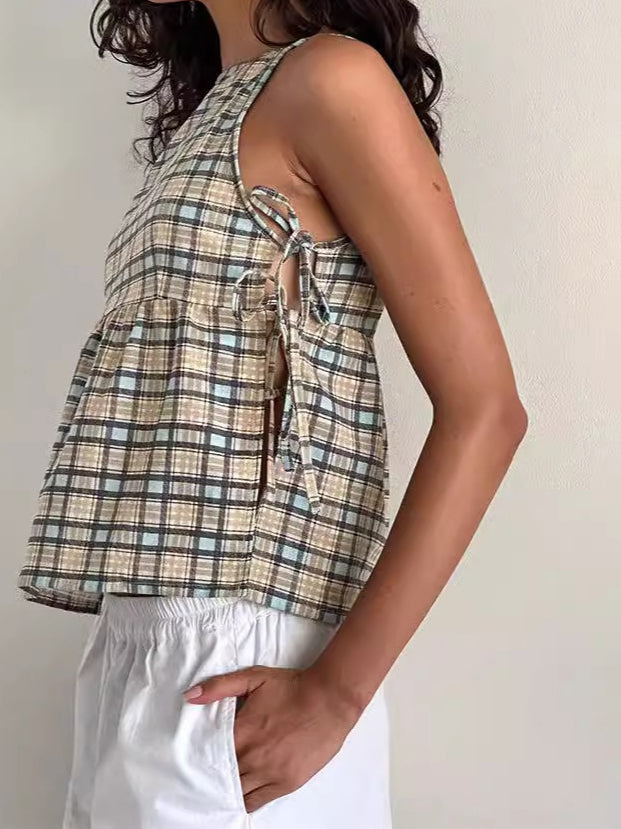 Tie-Waist Checkered Tube Top Women N6D070