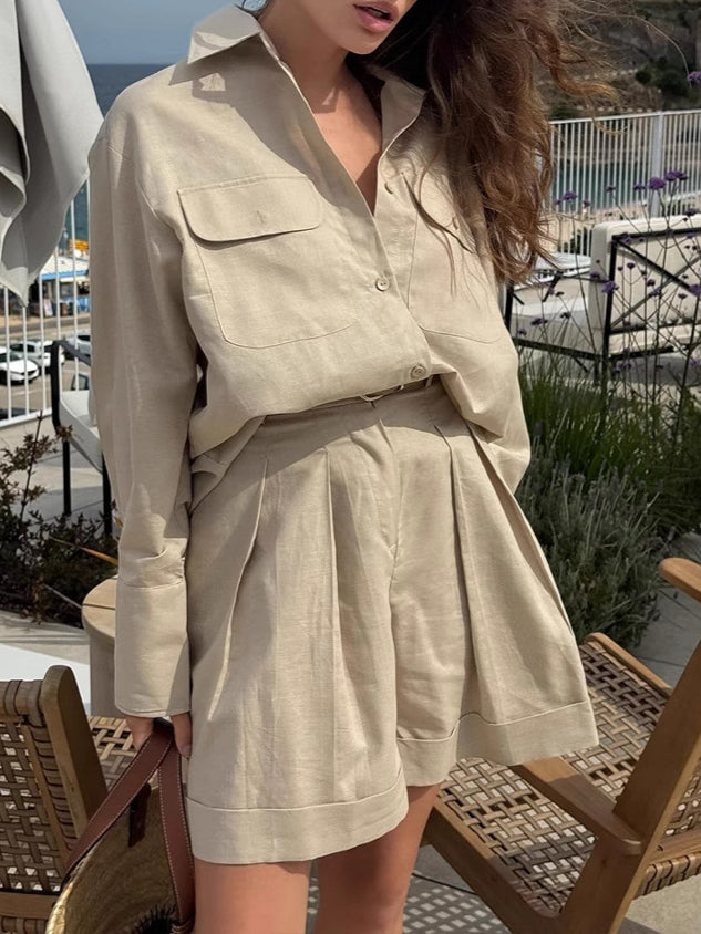 Cotton Shirt Short Set Lightweight Khaki N5Z840