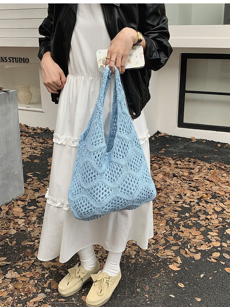 Knit Openwork Diamond Tote Bag Women N6C056