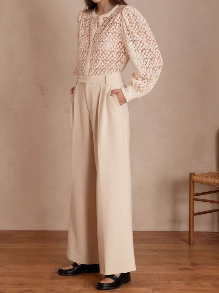 Elegant Floral Lace Blouse Women Round Neck N6D097