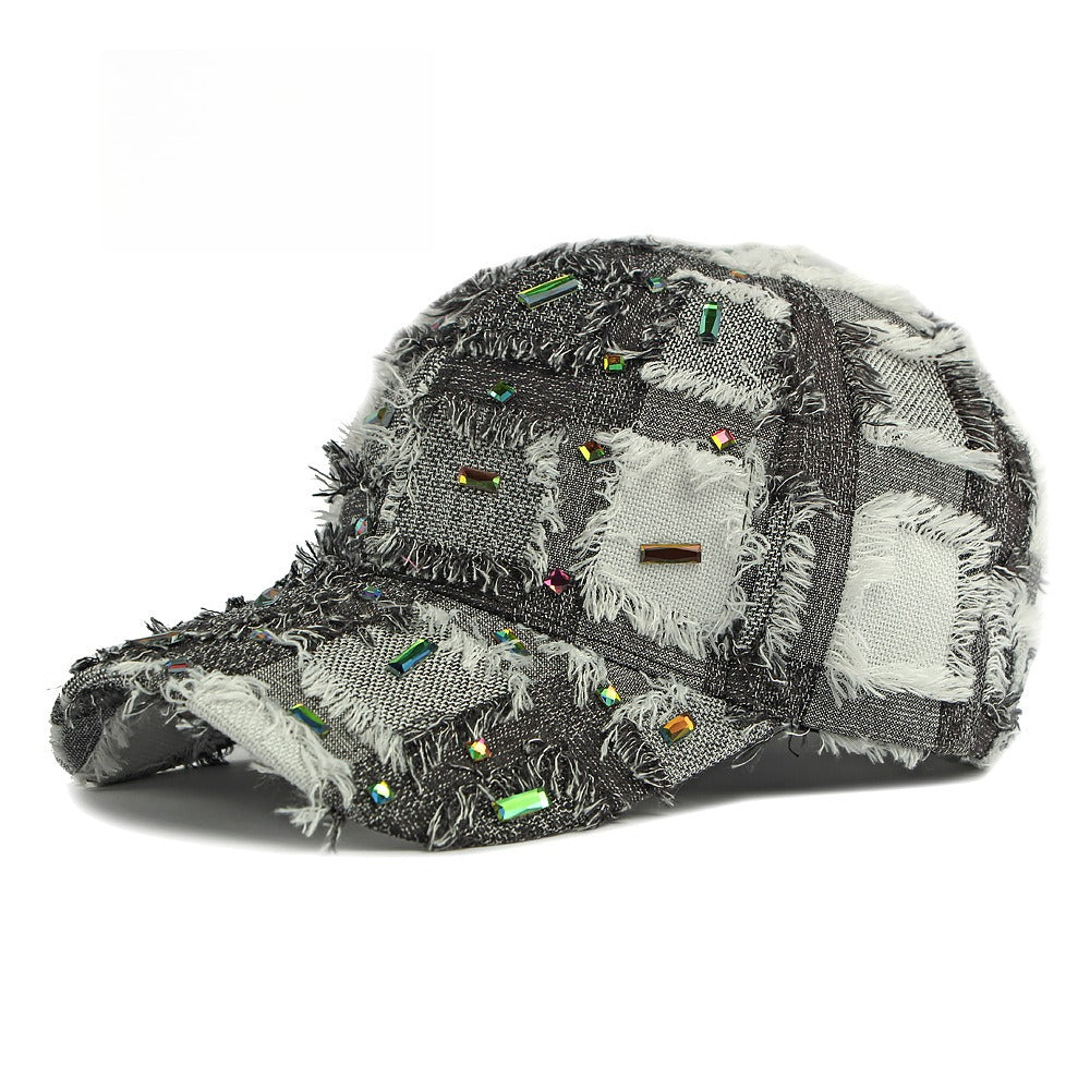 Distressed Plaid Baseball Cap Rhinestone Frayed  N6G210