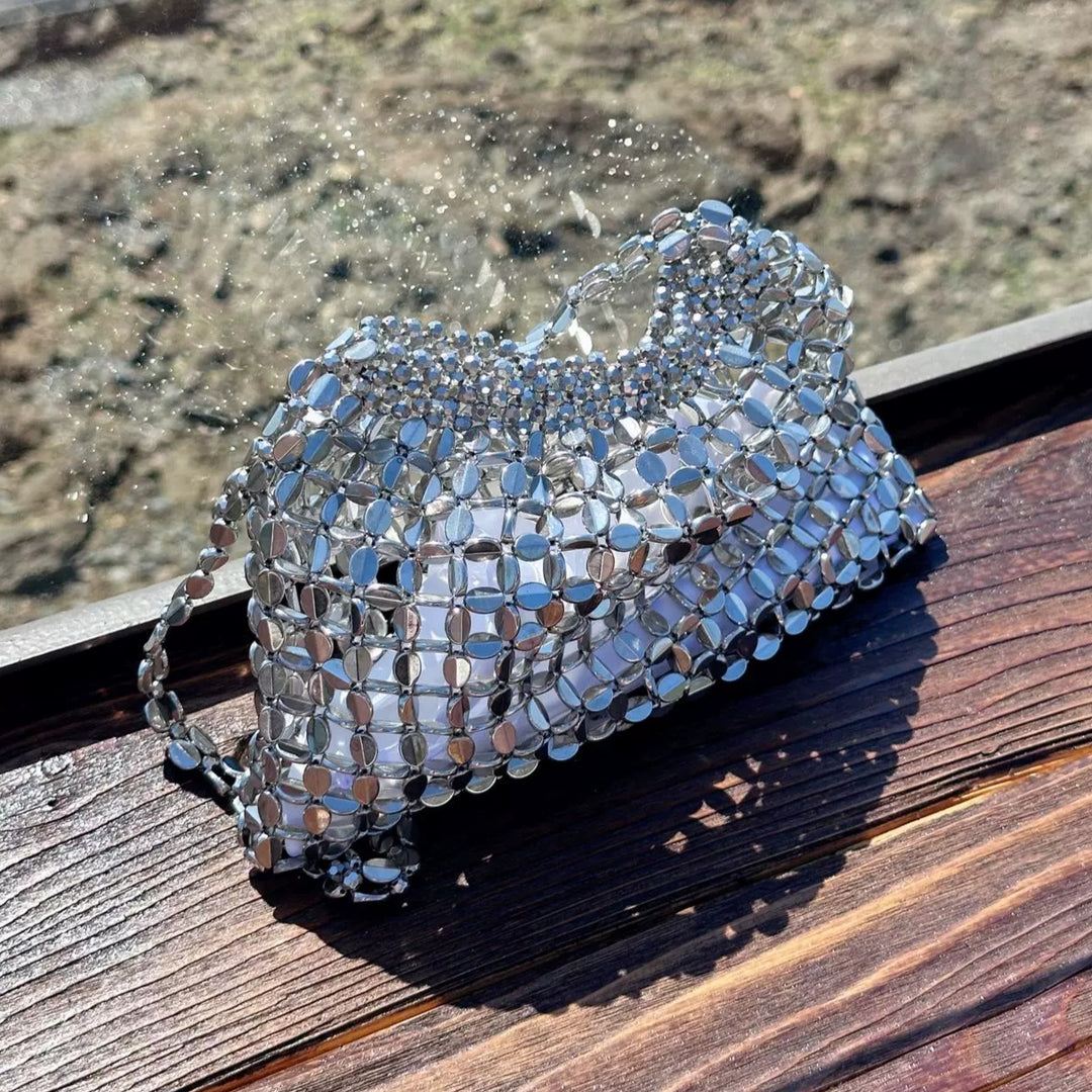 Handwoven Silver Gold Bead Large Hobo Shoulder Bag N6E021