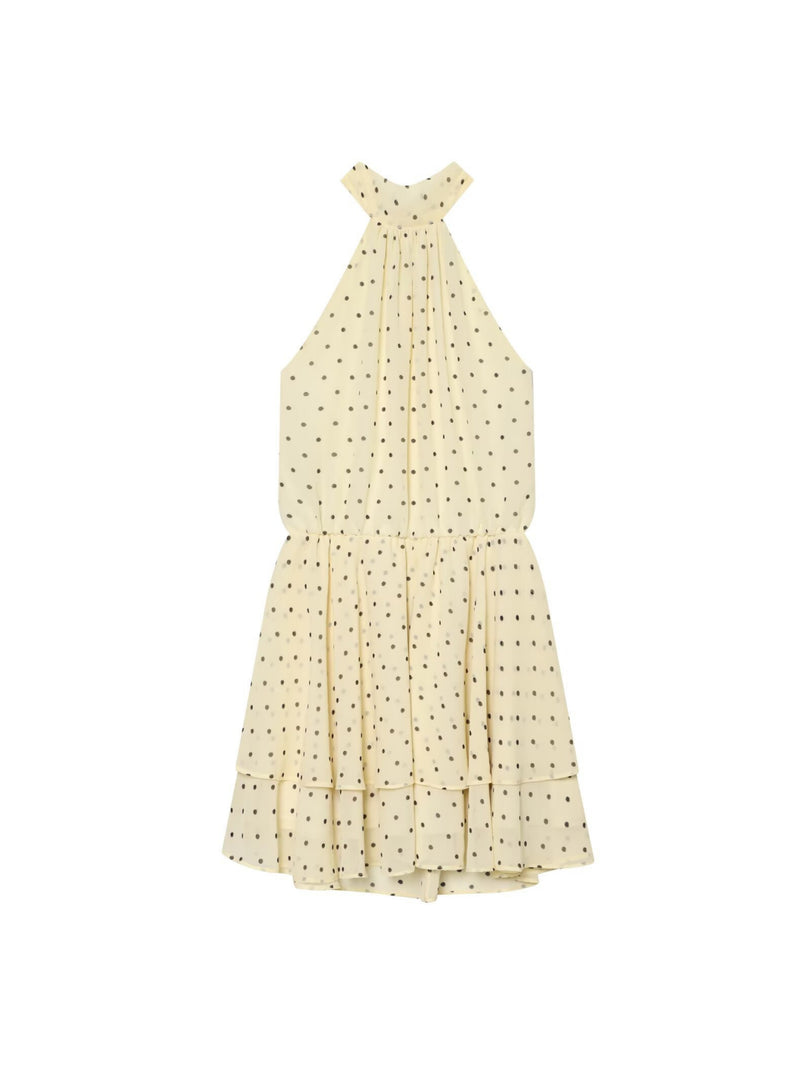 Yellow Polka Dot Chiffon Halter Dress Backless N6F198