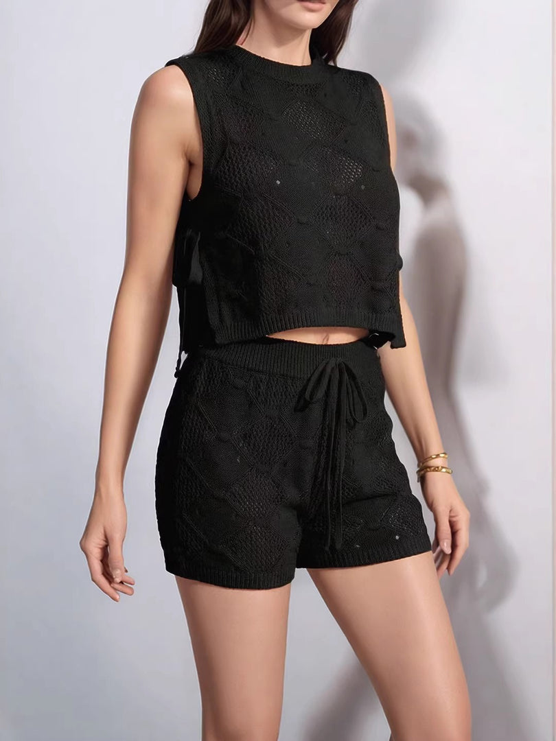 Openwork Knit Sleeveless Vest and Shorts Set Women N6C329