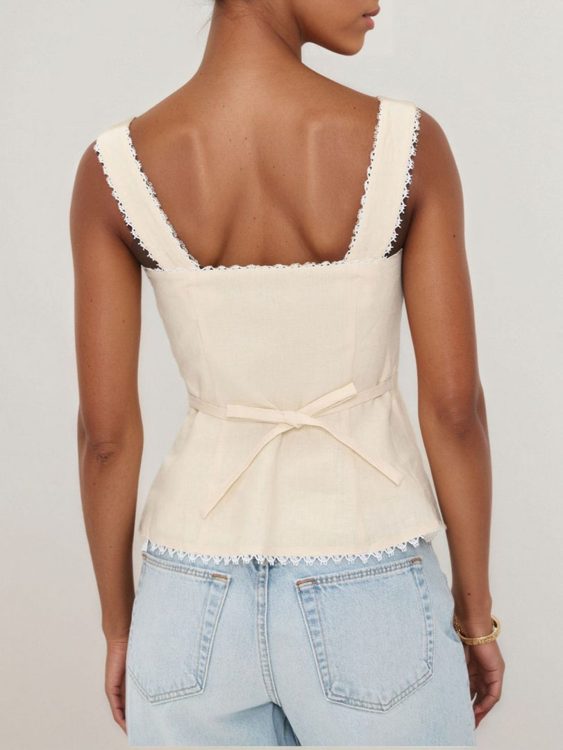 French Lace Trim Button Front Sleeveless Tank N6F018
