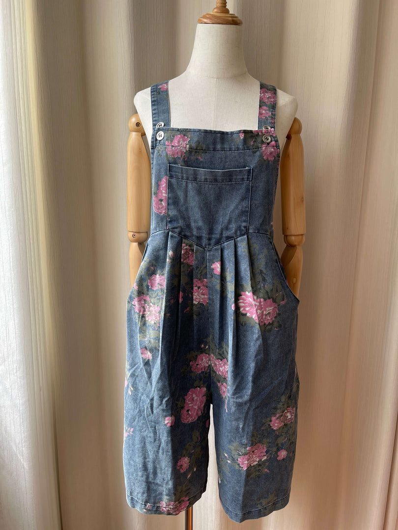 Floral Print Denim Jumpsuit Shorts Women N6C235