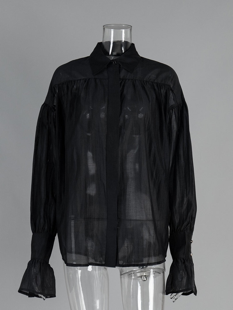 French Satin Flounce Sleeve Lightweight Blouse Women N6D037
