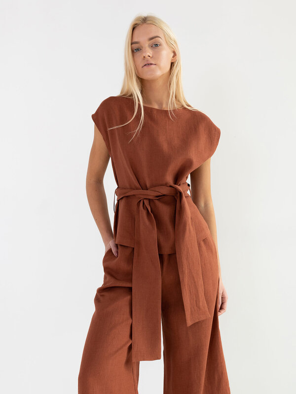 Image 1 of ALEXANDRA Linen Tie Waist Top in Rust from Love and Confuse