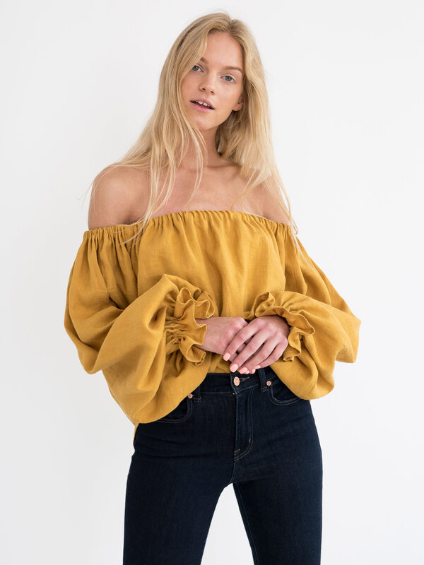 Image 1 of ALICE Off Shoulder Linen Top in Mustard from Love and Confuse