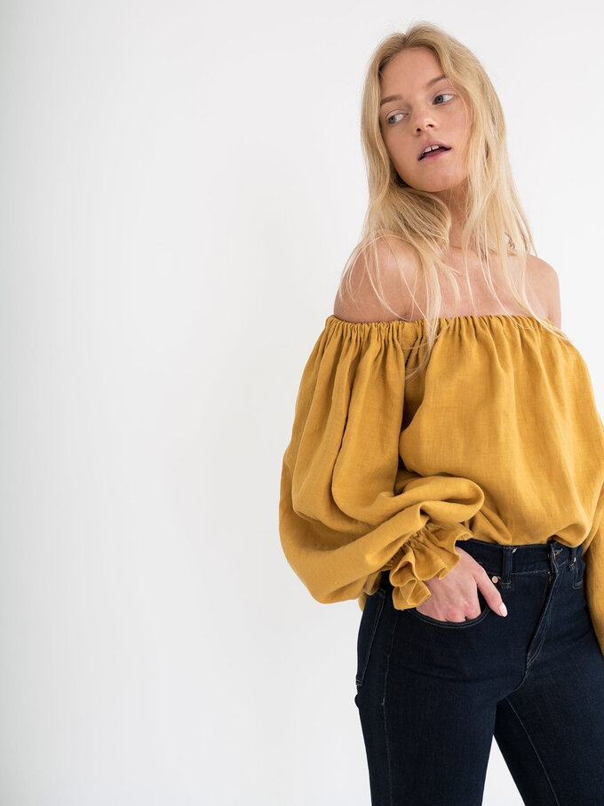 Image 3 of ALICE Off Shoulder Linen Top in Mustard from Love and Confuse